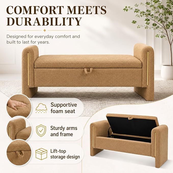 52" Upholstered Storage Bench, Wood Frame | Mid-century storage ottoman bench - Image 6