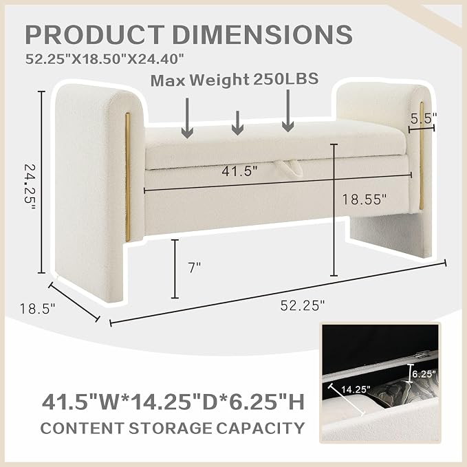 Modern 52" Storage Ottoman Bench, Upholstered End of Bed Storage Bench - Image 2