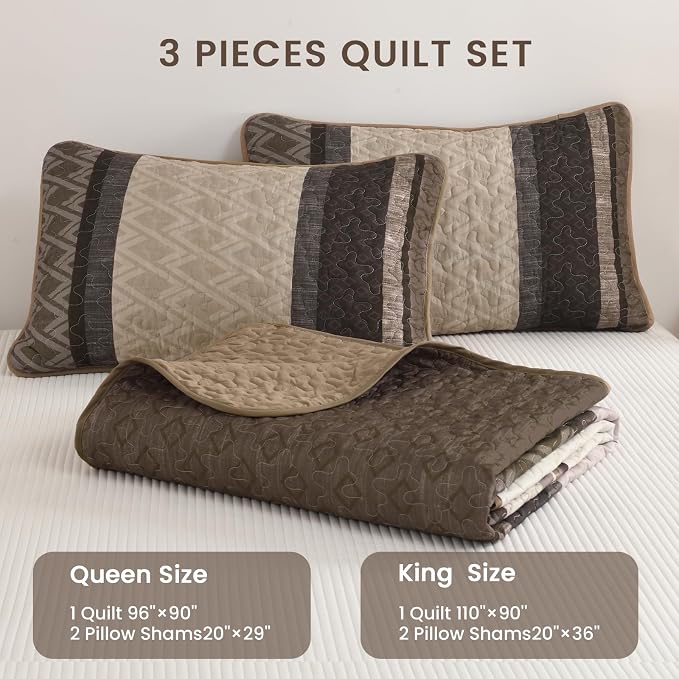 Dinjoy Boho Queen Quilt Set, Striped Bedspread Queen Size, Taupe | 3 Pieces - Image 6