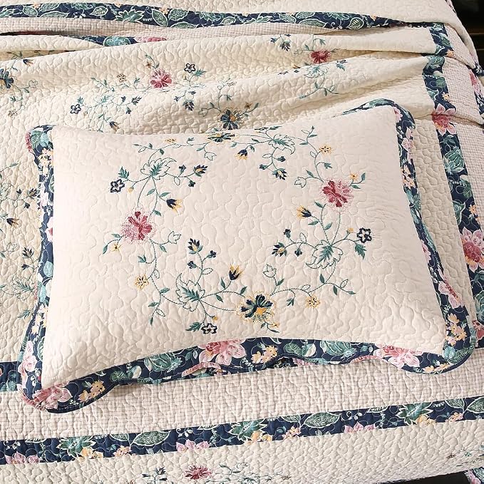 ROOMLIFE Quilt Set King Floral Leaves 3D Embroidery Pattern 3-Piece Cotton | - Image 7