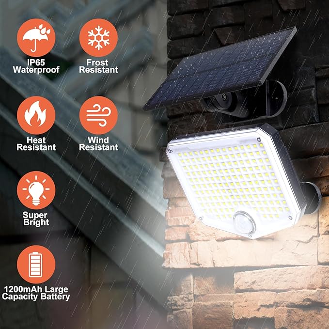 JumJam Solar Flood Lights Outdoor Waterproof IP65, 153 High Brightness LED 9000K, 3 Lighting Modes, Solar Motion Lights Outdoor Waterproof with Remote, Solar Lights Outdoor for Yard, Patio, Garage