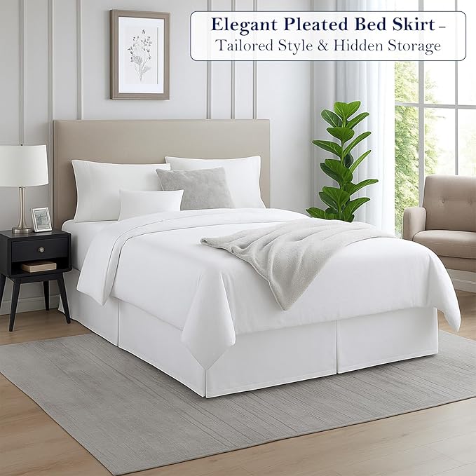 Twin Bed Skirt, Luxury 14 Inch Drop White Pleated Bed Skirt, Double Brushed Microfiber, Box Pleat Design, Wrinkle & Fade Resistant, Easy Fit Tailored Bedskirt for Twin Size Beds