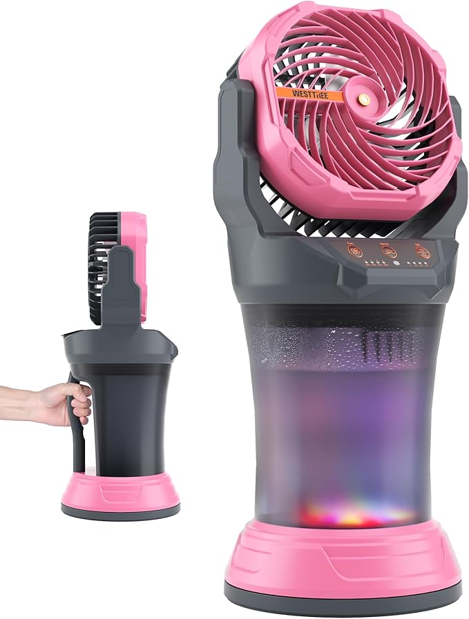 WESTTREE Portable Misting Fan with Large Battery Fan-Rechargeable Outdoor Misting Cooling Fans with 2L Water Tank,RGB Lights,4 Speeds & Spray Modes-for Patio, Camping, Beach, Workshop (Gray-Pink)