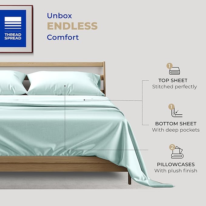 THREAD SPREAD 100% Cotton Queen Sheets Set - 400 Thread Count Queen Size Sheets (4 PC, Sea Foam), 16" Deep Pocket All Around Elastic, Soft, Cooling, Durable & Breathable Sateen Weave Bed Sheet Set