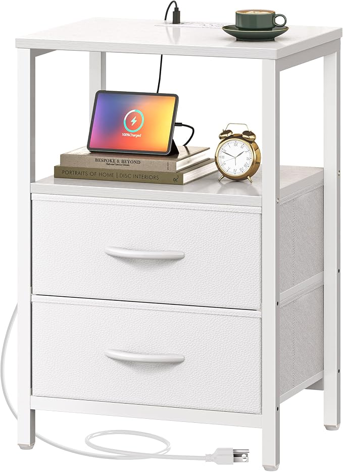 Huuger Nightstand with Charging Station, Side Table with Fabric Drawers | End by Huuger