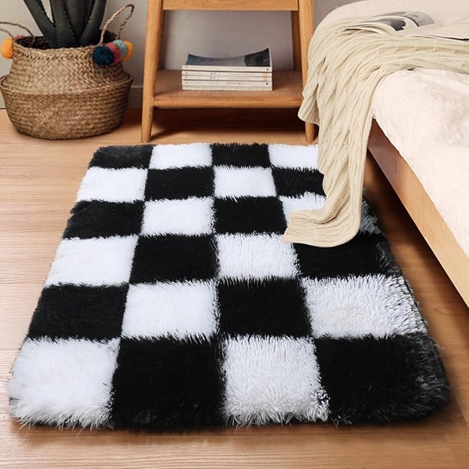 KICMOR Small Rug for Bedroom, 2x3 Fluffy Soft Black and White Checkered Rug by KICMOR