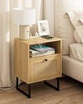 Masupu Rattan Nightstand with Charging Station, Modern Boho Farmhouse Wood by Masupu
