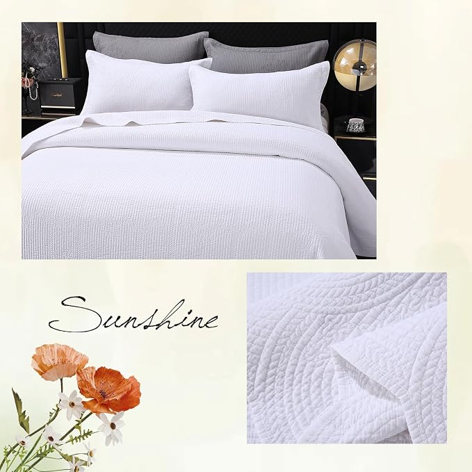 ROOMLIFE Quilt Set Queen Size 3D Floral Embroidery Pattern 3-Piece Cotton - Image 8