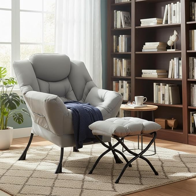 Welnow Lazy Chair with Ottoman, Reading Chair with Footrest, Light Grey | A - Image 9