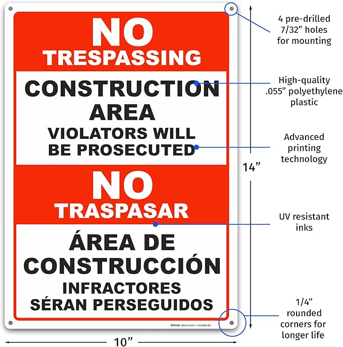 Brimar - 10" x 14" - Bilingual Construction Area Violators Will Be Prosecuted Sign - .055″ Polyethylene Plastic - Bold Text And Symbol - Easy Installation