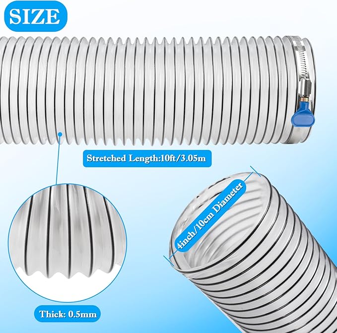 PVC Dust Collection Hose 4" x 10',Puncture Resistant 4 Inch Dust Collector Hose for Shop Vacuum,Woodworking Dust Collection Systems,Flexible Clear PVC Fume Debris Dust Hose Tube w/Carbon Steel Wire