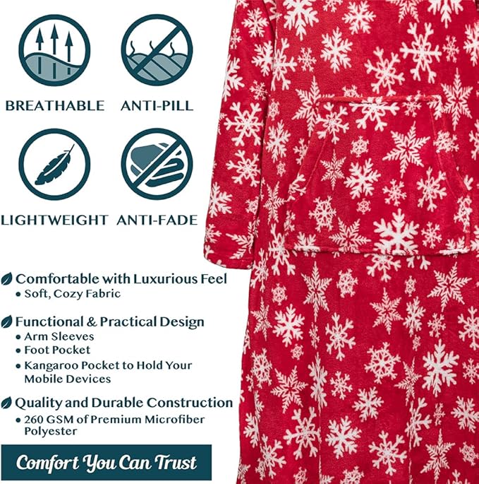 PAVILIA Fleece Blanket with Sleeves, Foot Pockets for Women Men Adults, Plush Wearable Blanket Throw Wrap, Warm Snuggle Blanket Robe, Cozy Gift Ideas Wife Mom, Snowflake Red