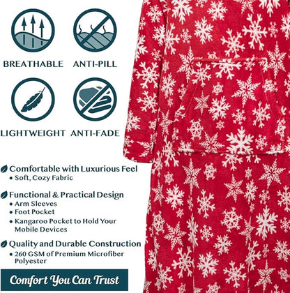 PAVILIA Fleece Blanket with Sleeves, Foot Pockets for Women Men Adults, Plush Wearable Blanket Throw Wrap, Warm Snuggle Blanket Robe, Cozy Gift Ideas Wife Mom, Snowflake Red