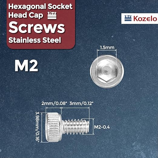 Kozelo 100pcs Socket Head Cap Screws - [M2-0.4 x 3mm] 304 Stainless Steel Allen Socket Drive for Electrical Motor 3D Printing Fan Engine Replacement Use, Silver