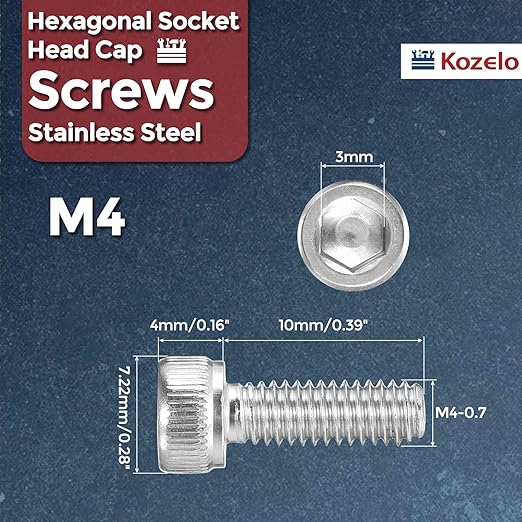 Kozelo 40pcs Socket Head Cap Screws - [M4-0.7 x 10mm] 304 Stainless Steel Allen Socket Drive for Electrical Motor 3D Printing Fan Engine Replacement Use, Silver