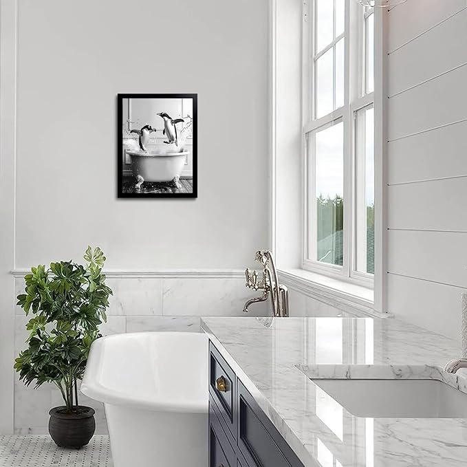 OIQArtOIQ Funny Bathroom Framed Wall Art Black and White Animal Canvas Wall Art - Image 4