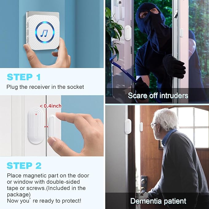 SanJie Door Sensor Chime for Door Opens, Business/Home/Office/Store, 500 FT Range, 26 Chimes, 5 Adjustable Volume, 3 Sensors + 2 Receivers
