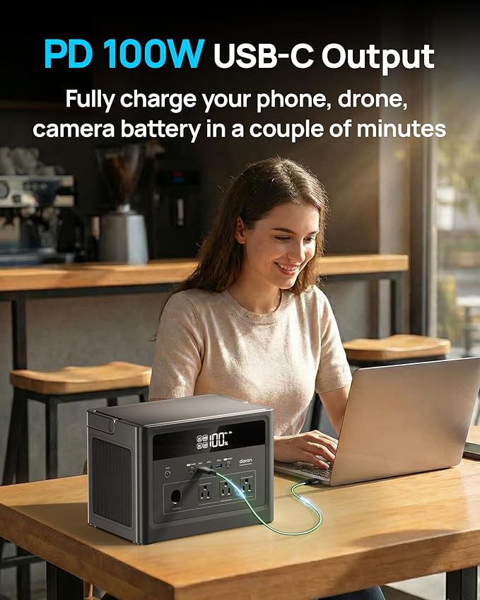 DaranEner Portable Power Station 600W with 100W Solar Panel, 576Wh LiFePO4 Solar Generator, 3 AC Outlets(1200W Surge), 100W USB-C PD, Fast Recharge for Camping, RV, Power Outage, Emergency Backup