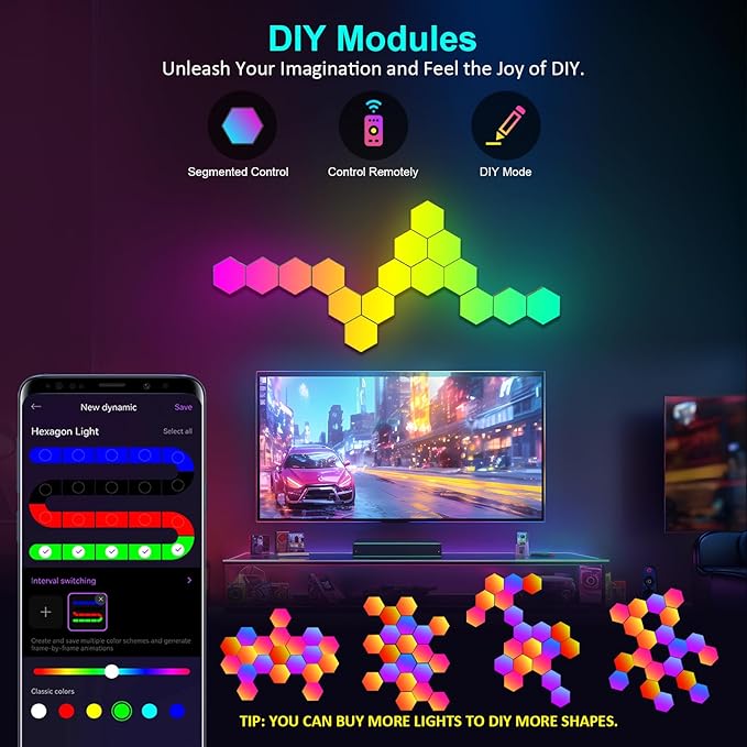 JIMIMORO 12-Pack Hexagon Light Panels – Smart RGB LED Wall Lights with App & Remote – Music Sync Gaming Lights for Room Decor, Birthday & Party Gifts for Boys, Teens, Men, Boyfriends, and Kids