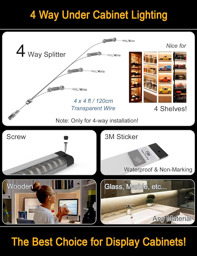EBD LED Under Cabinet Lighting 4-Way Parallel Connection Display Case Lights Touch Kitchen Counter Light Bar 4 Panels 1800 Lm 6500K Energy Super Bright for Pantry Garage Closet Bookcase & Shelf