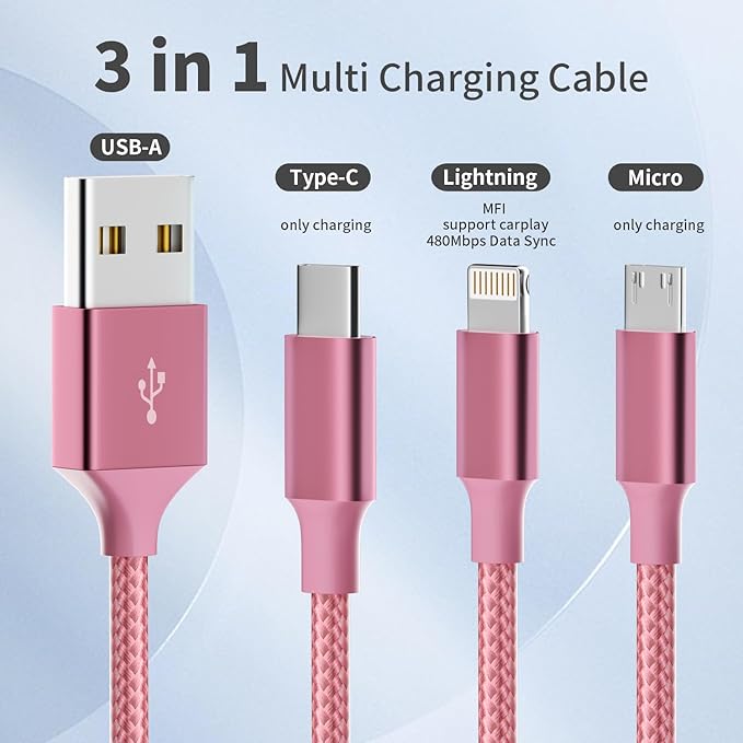 Multi Charging Cable,(2Pack 4FT) 3 in 1 Charging Cable for Multiple Devices, Nylon Braided Universal Charger Phone Charger Cord with Type-C,Micro USB,IP Port for iPhone16/15 Series/Phone&Pad-Pink