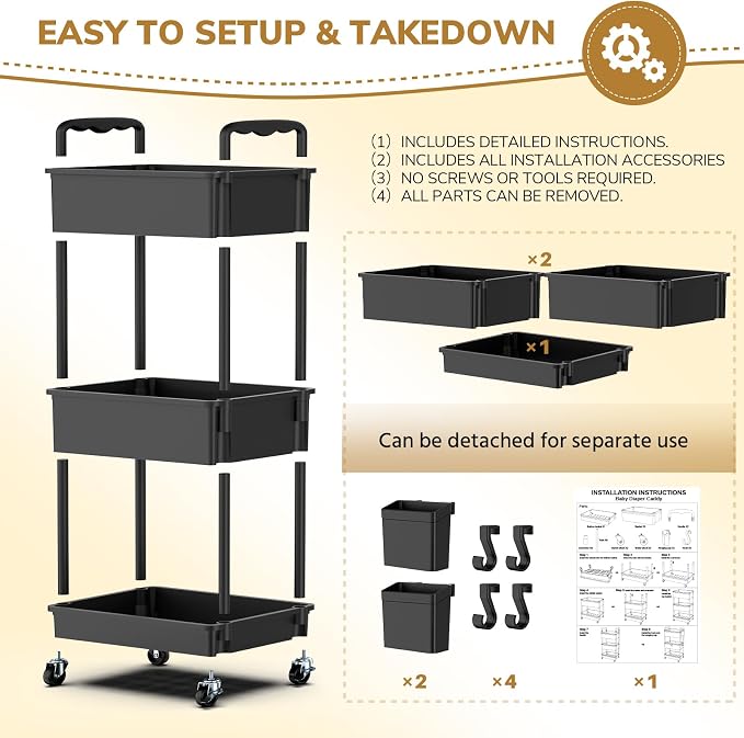 Goovilla Diaper Cart with Lockable Wheels and Easy Assembly, 3 Tier Black | - Image 6