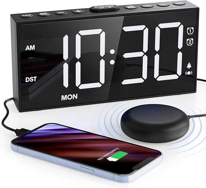 Mesqool Loud Alarm Clock for Heavy Sleeper, with Vibration for Hearing Impaired Deaf, Annoying Clock for Bedroom,USB Port,Dual Alarm with Snooze