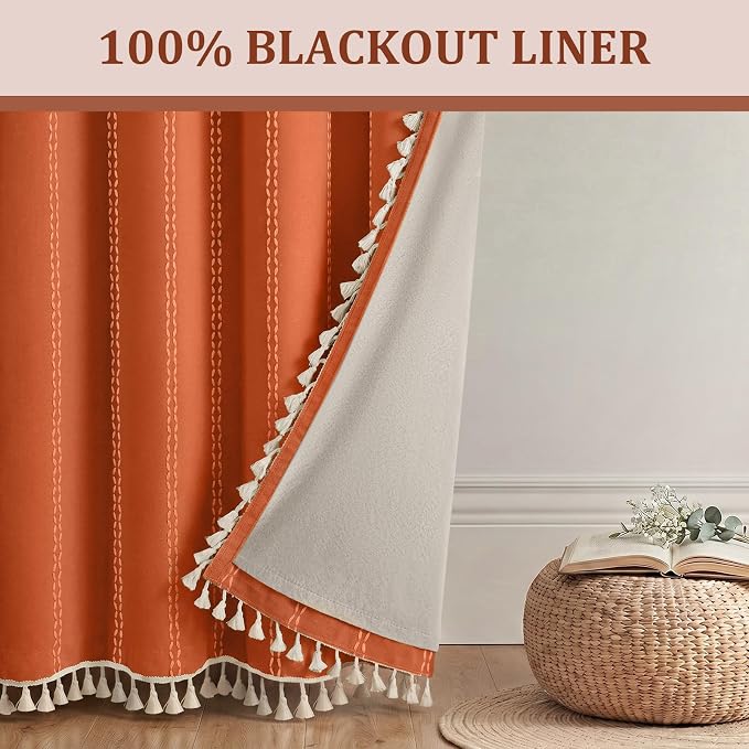 Burnt Orange 100% Boho Blackout Curtains 84 Inch 2 Panels | Vintage Farmhouse - Image 6