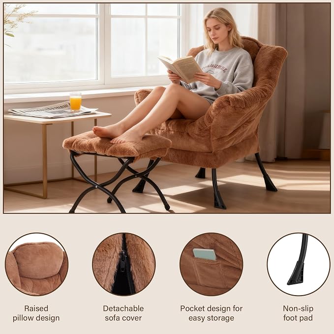 Welnow Lazy Chair with Ottoman, Reading Chair with Footrest, Plush Brown | A - Image 4