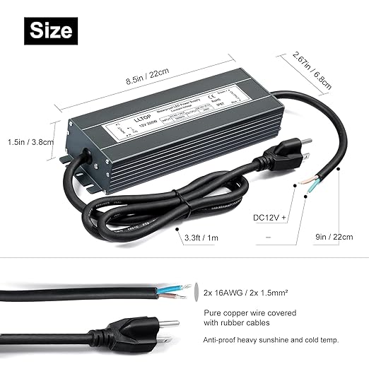 LLTOP Low Voltage Transformer 200 Watts Waterproof IP67 Power Supply 90-130V AC to 12V DC 16.7A LED Driver Converter Power Adapter for Indoor Outdoor LED Lights