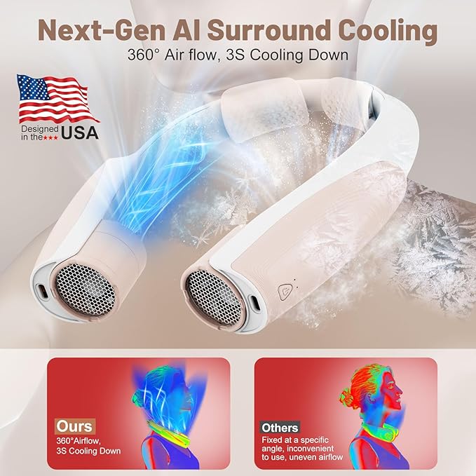 AI Portable Neck Fan with 6 Powerful Speeds, 8000mAh Battery Operated USB-C Rechargeable Fan, Hands-Free 360° Cooling Neck Fan,Twistable,Ultra-Quiet Personal Fan for Women Men Office Travel(Champagne)