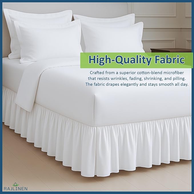 Rajlinen Ruffled Bed Skirt Queen, 15 Inch Drop Dust Ruffle with Split Corners, 100% Microfiber Bedskirt with Platform, Three-Sided Coverage Ruffled Gathering Design, White