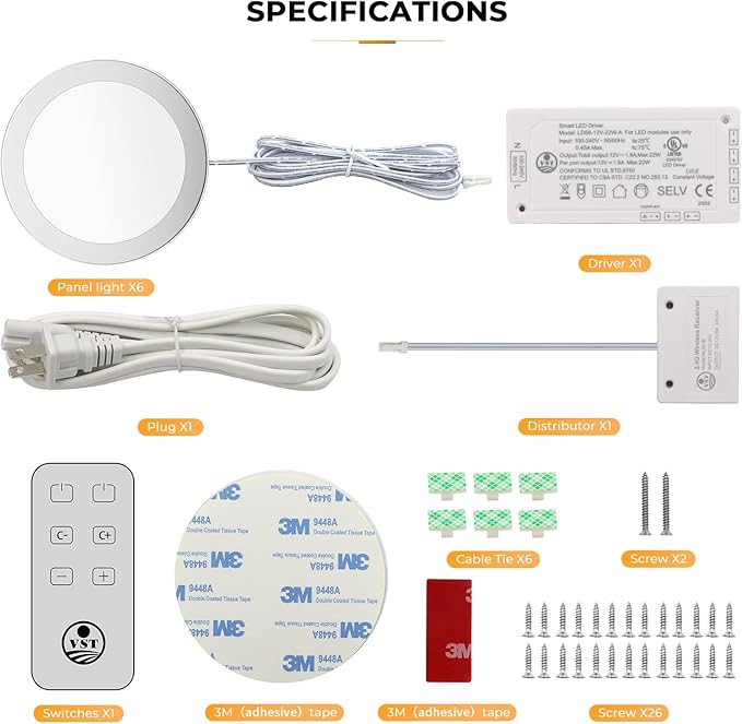 VST Under Cabinet Mini Panel Lighting 3.94inch 12V 2.5W(Total 15W) with Wireless Dimmer Switch, Surface Mount Puck Light for Kitchen Van Truck Car Galley Downlight 6Pack(Round 2700K-6500K)