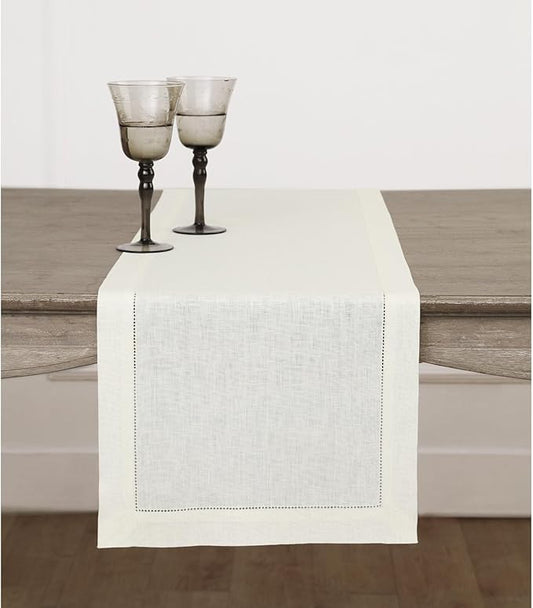 Solino Home Linen Ivory Table Runner 60 Inches - Classic Hemstitch, 100% Pure Linen Coffee Table Runner 14 x 60 Inch Ideal for Dresser Tables - Christmas, Holiday, New Year