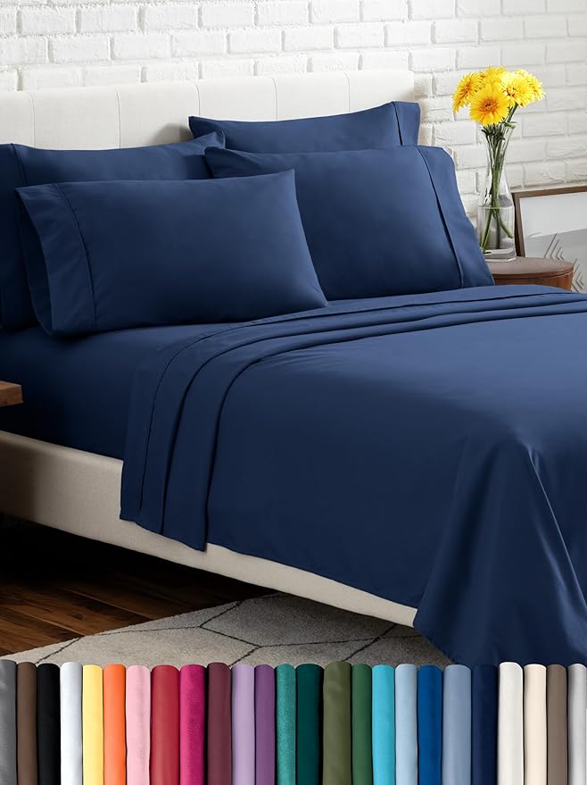 Bare Home Hotel Luxury Twin Sheet Set, Extra Soft - 4 Piece Set - Deep Pockets - Easy Fit - Cooling & Breathable - Wrinkle, Fade, Stain Resistant - Includes 2 Pillowcases (Twin, Dark Blue)