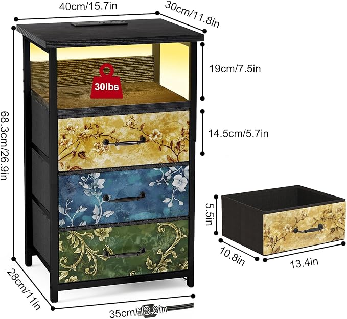 Fixwal Night Stand with 3 Fabric Drawers, Nightstand with Charging Station | - Image 3