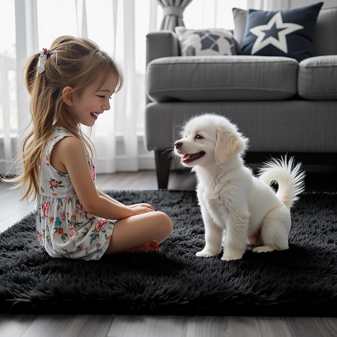 Small Shag Area Rug for Bedroom, 2x3 Black Soft Plush Carpet | Non-Slip Floor - Image 3