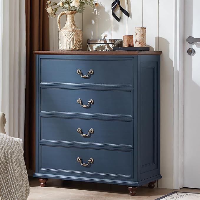 Farmhouse 4 Drawer Dresser for Bedroom, 37" Tall Rustic Chests of Drawers w/ 4 Solid Wood Feet, Mid Century Modern Wooden Closet Storage Dressers Organizer for Living Room, Hallway, Navy Blue