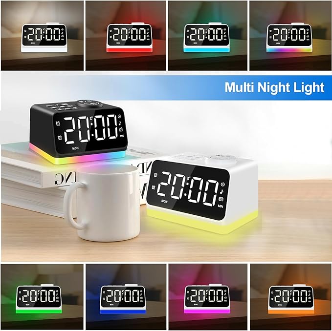 JALL Digital Alarm Clock with FM Radio for Bedroom, 8 Colors Night Light with Charging Port, Sleep Sound Machines with Timer, Dual Alarm (White with White Font)