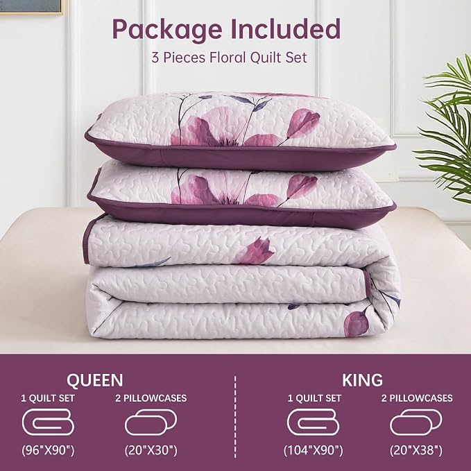 Mybedsoul Floral Quilt Set King Size, 3 Pieces Rose Pink Bedspread Coverlet Set - Image 6