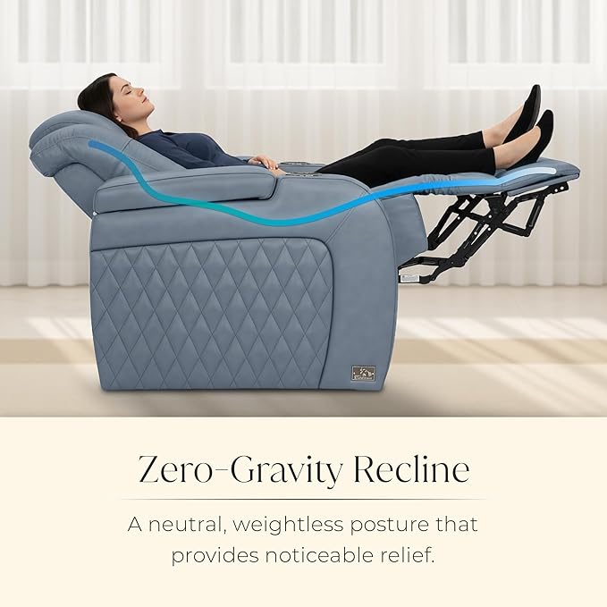 Seatcraft Diamante Zero-Gravity CoolZero Italian Leather Home Theater Seating, Power Headrest, Power Recline, Row of 5 Right Loveseat, Smokey Blue