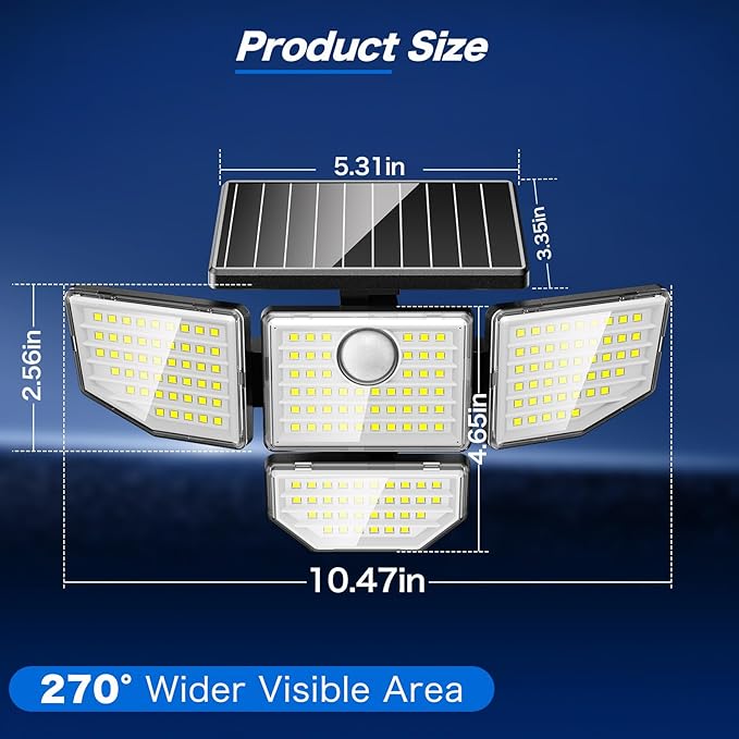 Adewalk 3000LM Outdoor Solar Light - Upgrade 4 Heads 188 LED Solar Motion Sensor Outdoor Lights, IP65 Waterproof Powered Light for Home Darkroom Backyard, 4 Pack