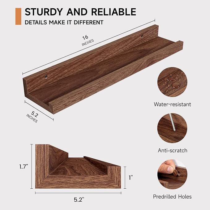 Floating Picture Ledge Shelves Set of 2, 16 Inch Solid Wood Wall Shelves - Image 3
