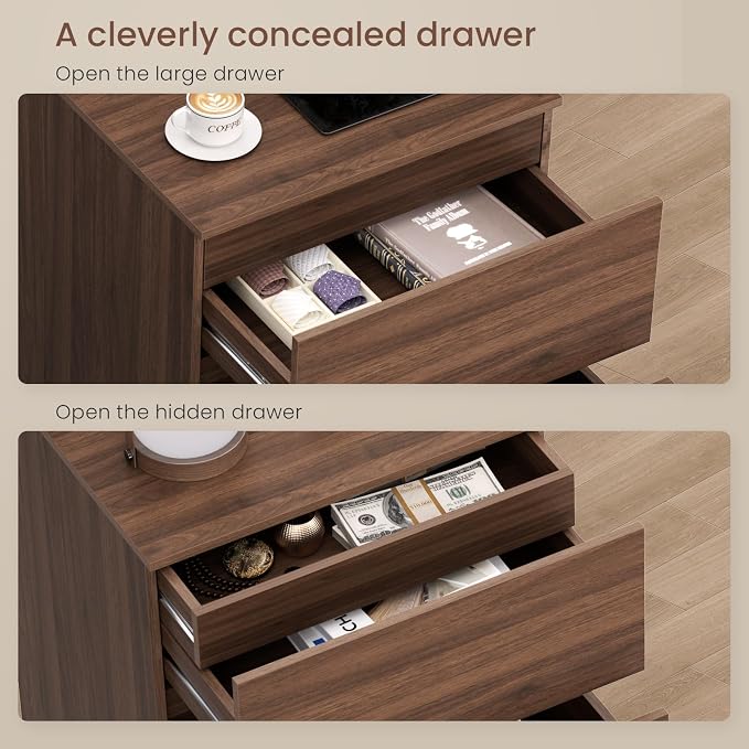 Nightstands Set of 2 with Charging Station and Hidden Drawer, Walnut | Bedside - Image 6
