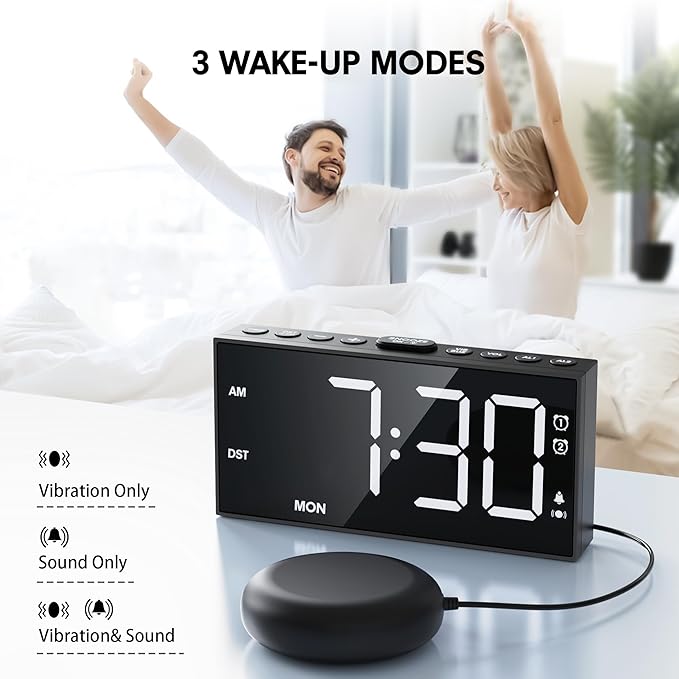 Mesqool Loud Alarm Clock for Heavy Sleeper, with Vibration for Hearing Impaired Deaf, Annoying Clock for Bedroom,USB Port,Dual Alarm with Snooze