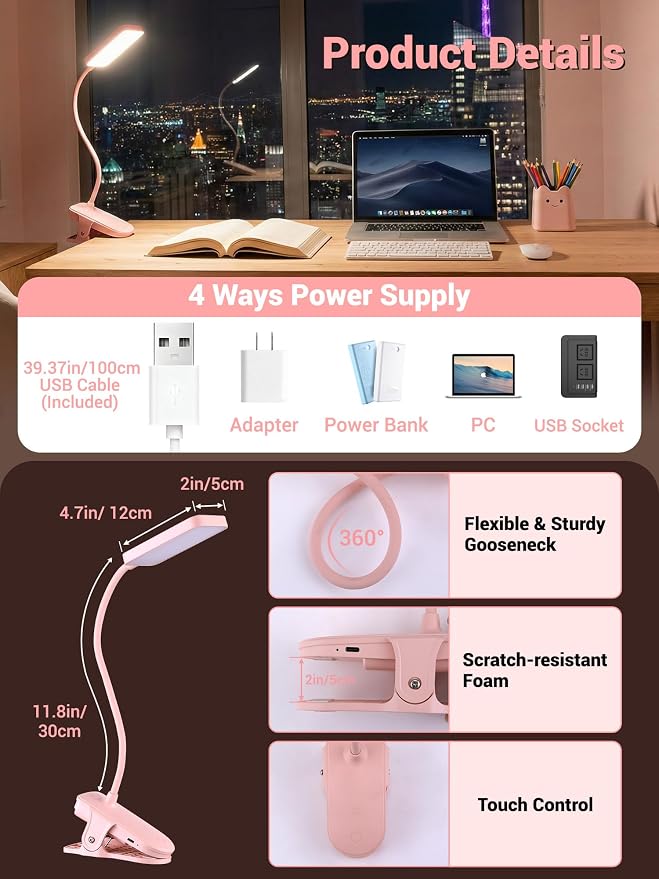 Pink Desk Lamp Cute Clip on Lamp, 45 Modes Dimmable+450 Lumen Clip on Light | - Image 8