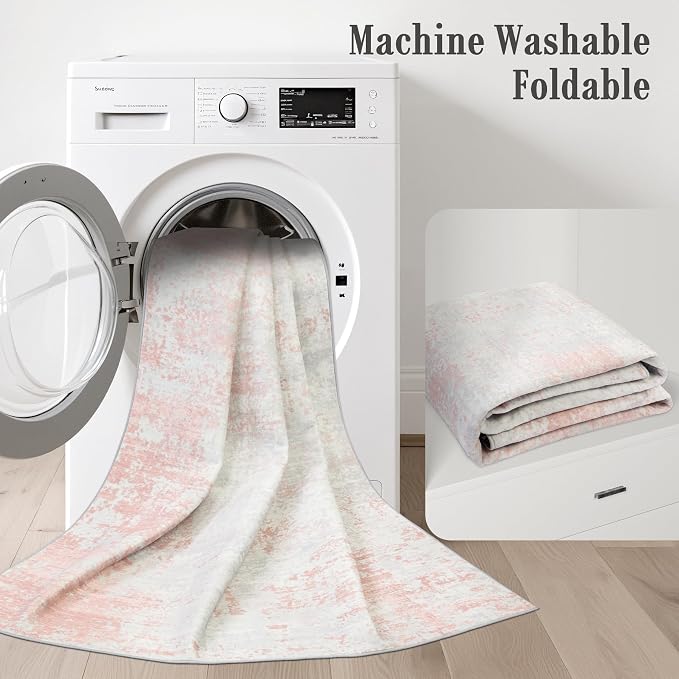 Area Rug Living Room: 4x6 Modern Washable Soft Carpet Pink White | - Image 5