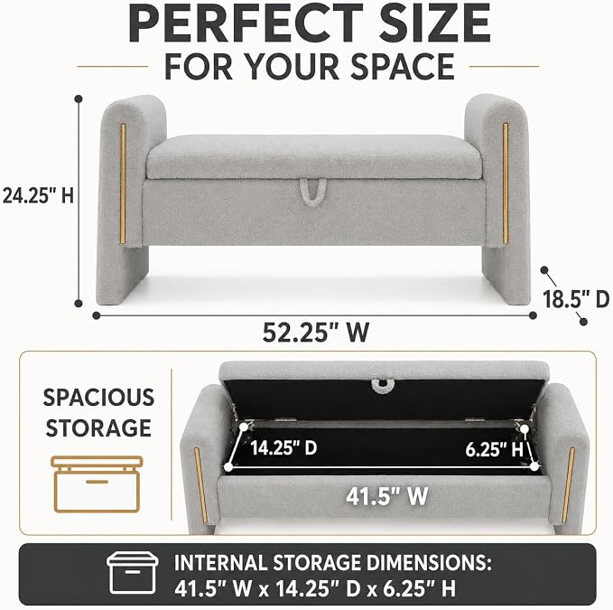 52" Upholstered Storage Bench, Wood Frame | Mid-century storage ottoman bench - Image 2