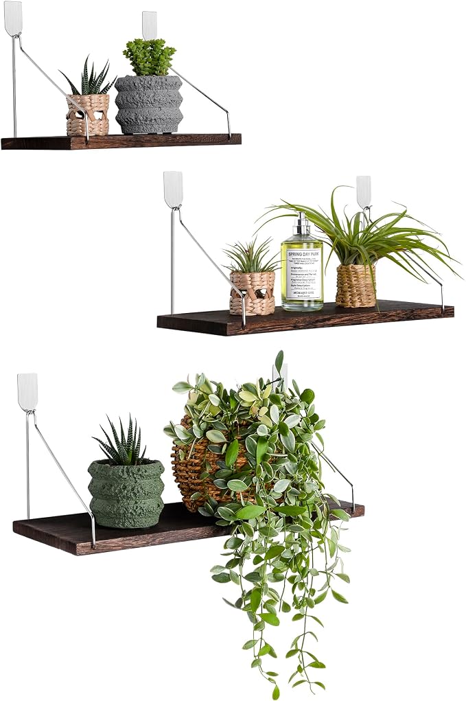 Floating Wall Shelves, Rustic Wood Wall Mounted Shelf Set of 3 | No Drill by MITIME
