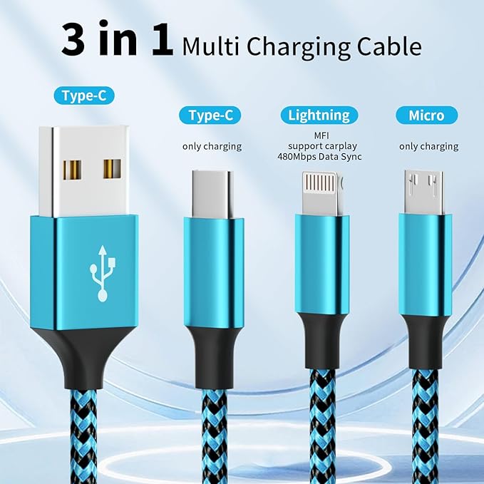 Firsting Multi Charging Cable(2Pack 4FT), 3 in 1 Charging Cable Nylon Braided Universal Charger Phone Charger Cord with Type-C,Micro USB,IP Port for iPhone16/15 Series/Phone&Pad-Blue+Gray